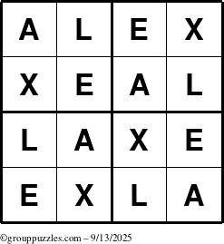 The grouppuzzles.com Answer grid for the Alex puzzle for Saturday September 13, 2025