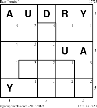 The grouppuzzles.com Easy Audry puzzle for Saturday September 13, 2025 with all 4 steps marked