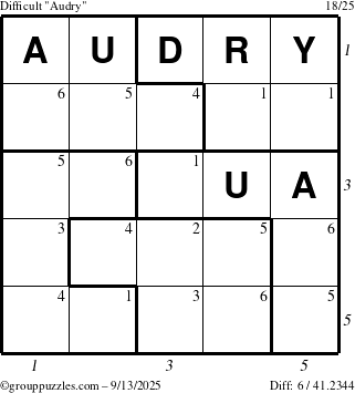 The grouppuzzles.com Difficult Audry puzzle for Saturday September 13, 2025 with all 6 steps marked