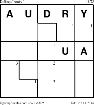 The grouppuzzles.com Difficult Audry puzzle for Saturday September 13, 2025 with the first 3 steps marked
