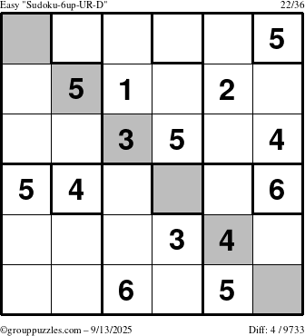 The grouppuzzles.com Easy Sudoku-6up-UR-D puzzle for Saturday September 13, 2025