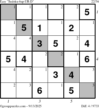The grouppuzzles.com Easy Sudoku-6up-UR-D puzzle for Saturday September 13, 2025 with all 4 steps marked