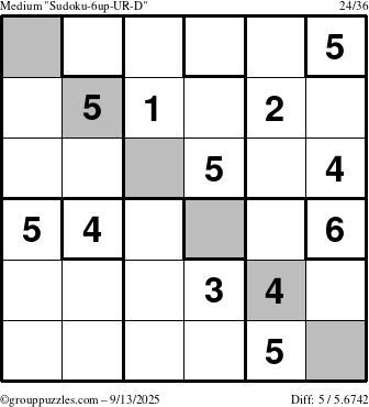 The grouppuzzles.com Medium Sudoku-6up-UR-D puzzle for Saturday September 13, 2025