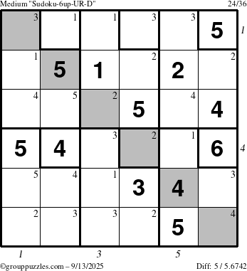 The grouppuzzles.com Medium Sudoku-6up-UR-D puzzle for Saturday September 13, 2025 with all 5 steps marked