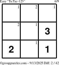 The grouppuzzles.com Easy TicTac-123 puzzle for Saturday September 13, 2025 with the first 2 steps marked