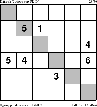 The grouppuzzles.com Difficult Sudoku-6up-UR-D puzzle for Saturday September 13, 2025