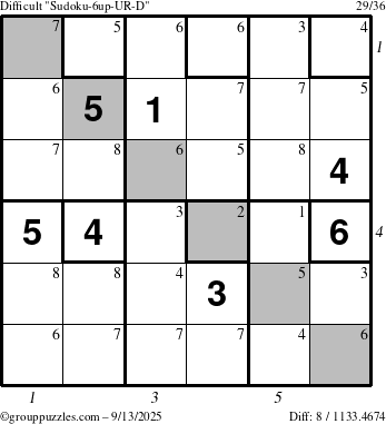 The grouppuzzles.com Difficult Sudoku-6up-UR-D puzzle for Saturday September 13, 2025 with all 8 steps marked
