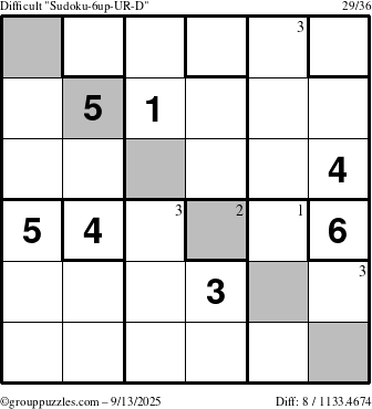 The grouppuzzles.com Difficult Sudoku-6up-UR-D puzzle for Saturday September 13, 2025 with the first 3 steps marked