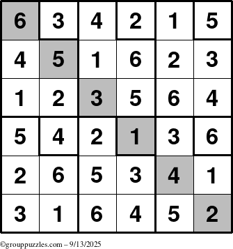 The grouppuzzles.com Answer grid for the Sudoku-6up-UR-D puzzle for Saturday September 13, 2025
