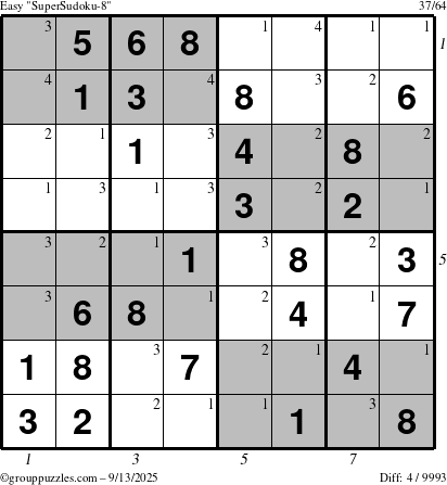 The grouppuzzles.com Easy SuperSudoku-8 puzzle for Saturday September 13, 2025 with all 4 steps marked