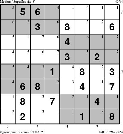 The grouppuzzles.com Medium SuperSudoku-8 puzzle for Saturday September 13, 2025 with all 7 steps marked