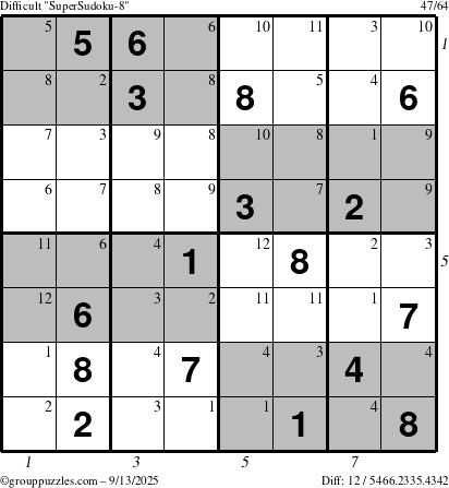 The grouppuzzles.com Difficult SuperSudoku-8 puzzle for Saturday September 13, 2025 with all 12 steps marked