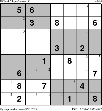 The grouppuzzles.com Difficult SuperSudoku-8 puzzle for Saturday September 13, 2025 with the first 3 steps marked