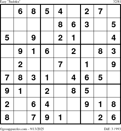 The grouppuzzles.com Easy Sudoku puzzle for Saturday September 13, 2025