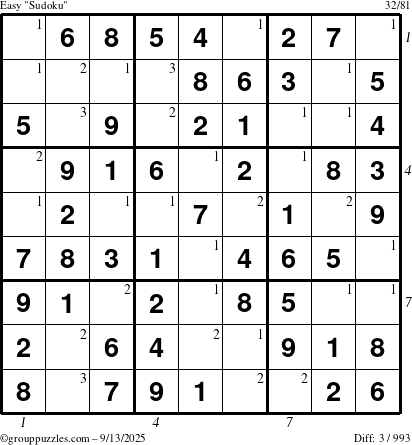 The grouppuzzles.com Easy Sudoku puzzle for Saturday September 13, 2025 with all 3 steps marked