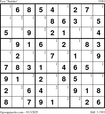The grouppuzzles.com Easy Sudoku puzzle for Saturday September 13, 2025 with the first 3 steps marked