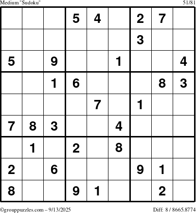 The grouppuzzles.com Medium Sudoku puzzle for Saturday September 13, 2025