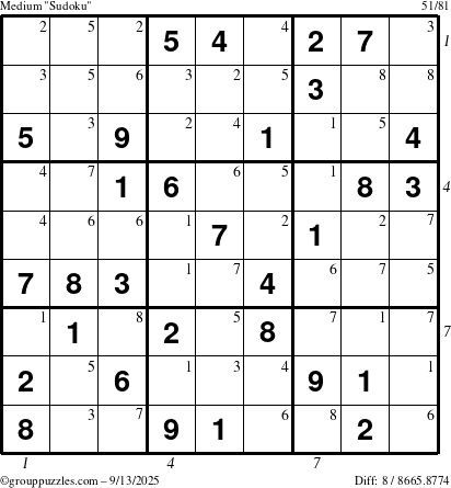 The grouppuzzles.com Medium Sudoku puzzle for Saturday September 13, 2025 with all 8 steps marked
