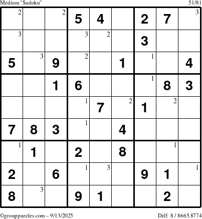 The grouppuzzles.com Medium Sudoku puzzle for Saturday September 13, 2025 with the first 3 steps marked