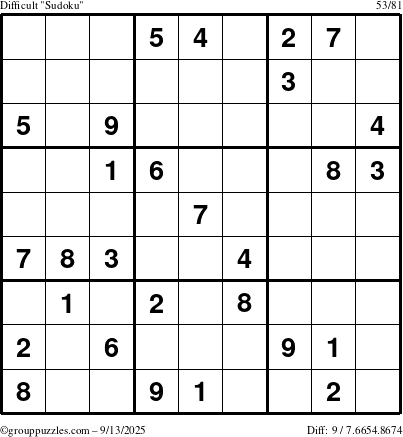 The grouppuzzles.com Difficult Sudoku puzzle for Saturday September 13, 2025