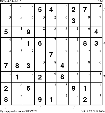The grouppuzzles.com Difficult Sudoku puzzle for Saturday September 13, 2025 with all 9 steps marked