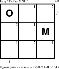 The grouppuzzles.com Easy TicTac-MNO puzzle for Saturday September 13, 2025 with all 2 steps marked