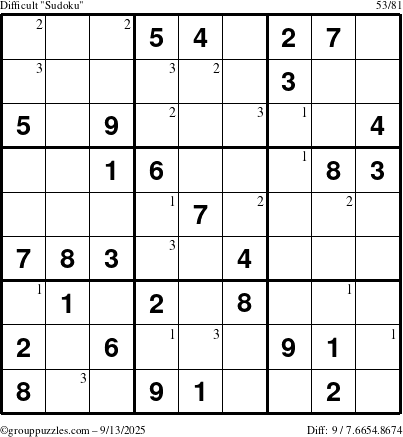 The grouppuzzles.com Difficult Sudoku puzzle for Saturday September 13, 2025 with the first 3 steps marked