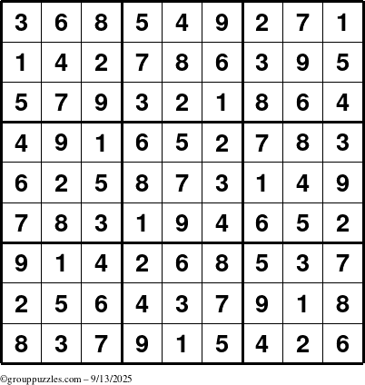 The grouppuzzles.com Answer grid for the Sudoku puzzle for Saturday September 13, 2025