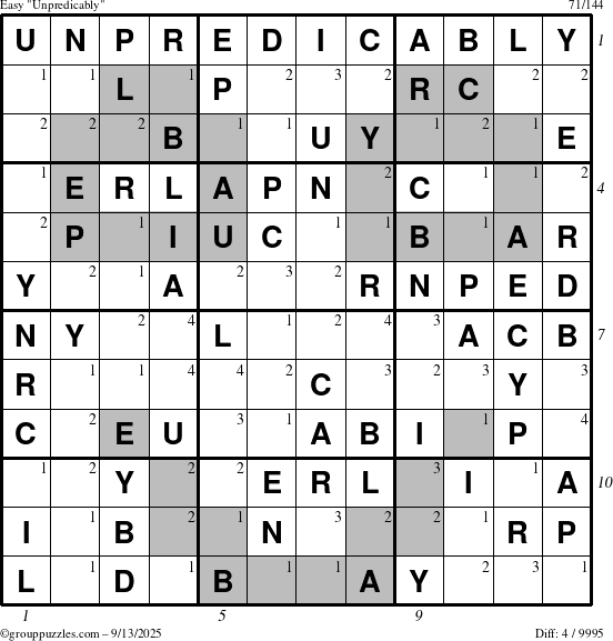 The grouppuzzles.com Easy Unpredicably puzzle for Saturday September 13, 2025, suitable for printing, with all 4 steps marked