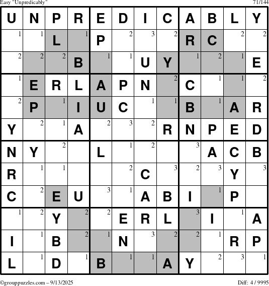 The grouppuzzles.com Easy Unpredicably puzzle for Saturday September 13, 2025 with the first 3 steps marked