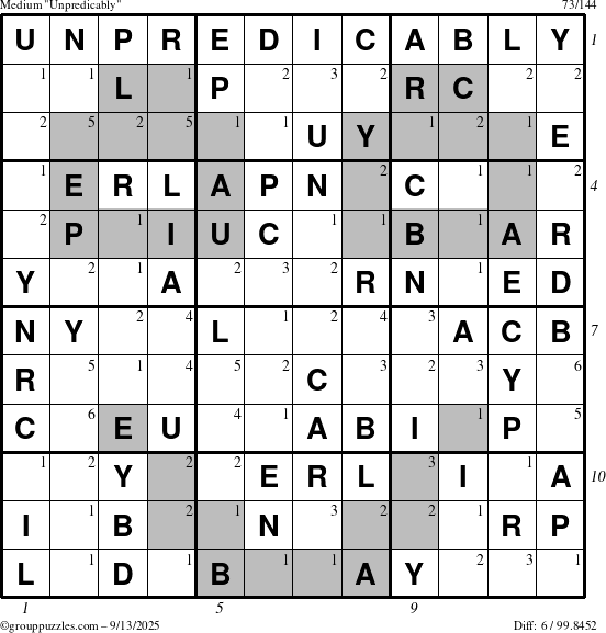 The grouppuzzles.com Medium Unpredicably puzzle for Saturday September 13, 2025 with all 6 steps marked