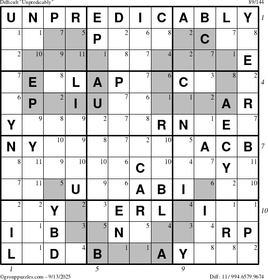 The grouppuzzles.com Difficult Unpredicably puzzle for Saturday September 13, 2025 with all 11 steps marked
