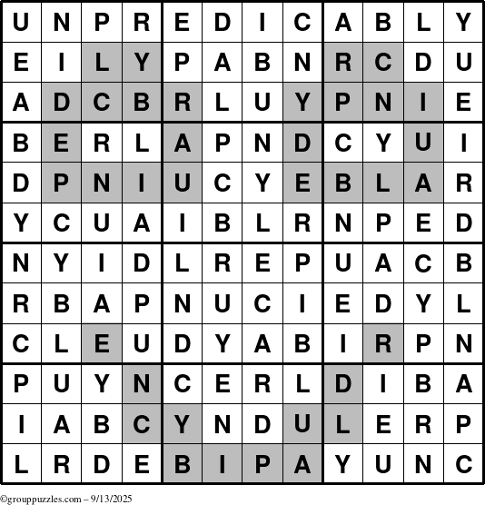 The grouppuzzles.com Answer grid for the Unpredicably puzzle for Saturday September 13, 2025