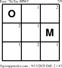The grouppuzzles.com Easy TicTac-MNO puzzle for Saturday September 13, 2025 with the first 2 steps marked
