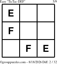 The grouppuzzles.com Easy TicTac-DEF puzzle for Tuesday August 18, 2026