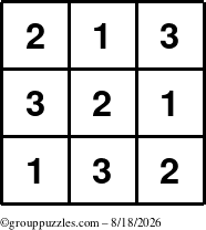 The grouppuzzles.com Answer grid for the TicTac-123 puzzle for Tuesday August 18, 2026