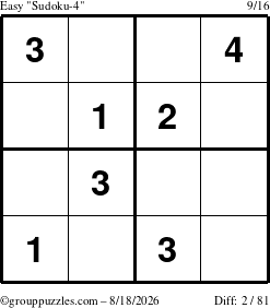 The grouppuzzles.com Easy Sudoku-4 puzzle for Tuesday August 18, 2026