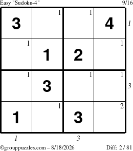 The grouppuzzles.com Easy Sudoku-4 puzzle for Tuesday August 18, 2026, suitable for printing, with all 2 steps marked