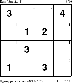 The grouppuzzles.com Easy Sudoku-4 puzzle for Tuesday August 18, 2026 with the first 2 steps marked