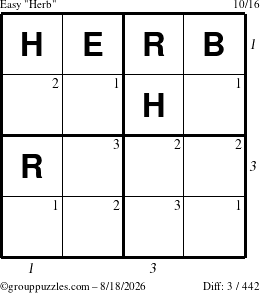 The grouppuzzles.com Easy Herb puzzle for Tuesday August 18, 2026 with all 3 steps marked