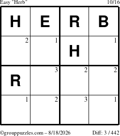 The grouppuzzles.com Easy Herb puzzle for Tuesday August 18, 2026 with the first 3 steps marked