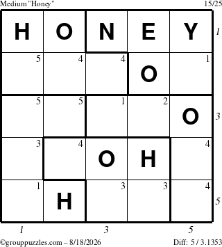 The grouppuzzles.com Medium Honey puzzle for Tuesday August 18, 2026, suitable for printing, with all 5 steps marked