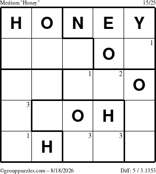 The grouppuzzles.com Medium Honey puzzle for Tuesday August 18, 2026 with the first 3 steps marked