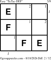 The grouppuzzles.com Easy TicTac-DEF puzzle for Tuesday August 18, 2026, suitable for printing, with all 2 steps marked