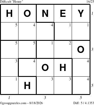 The grouppuzzles.com Difficult Honey puzzle for Tuesday August 18, 2026 with all 5 steps marked