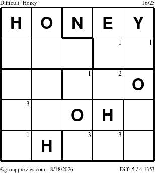 The grouppuzzles.com Difficult Honey puzzle for Tuesday August 18, 2026 with the first 3 steps marked
