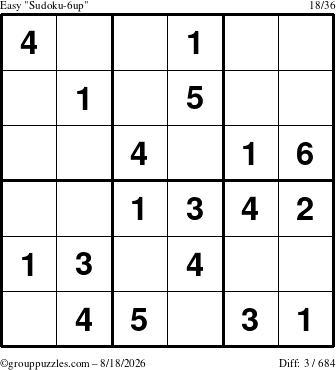 The grouppuzzles.com Easy Sudoku-6up puzzle for Tuesday August 18, 2026