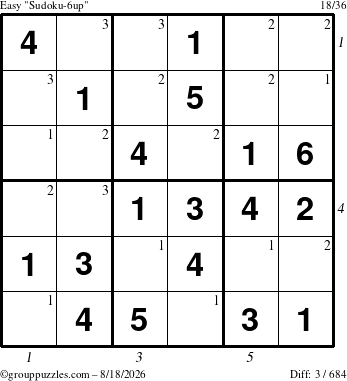 The grouppuzzles.com Easy Sudoku-6up puzzle for Tuesday August 18, 2026, suitable for printing, with all 3 steps marked
