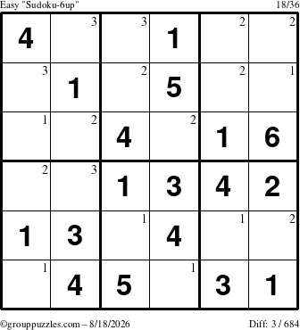The grouppuzzles.com Easy Sudoku-6up puzzle for Tuesday August 18, 2026 with the first 3 steps marked