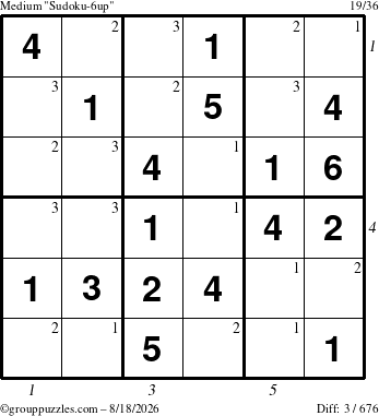 The grouppuzzles.com Medium Sudoku-6up puzzle for Tuesday August 18, 2026 with all 3 steps marked